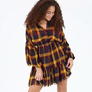 NEW! Boho Multi Colored Plaid Fringe Bottom Button Front Mini Dress Long Sleeve